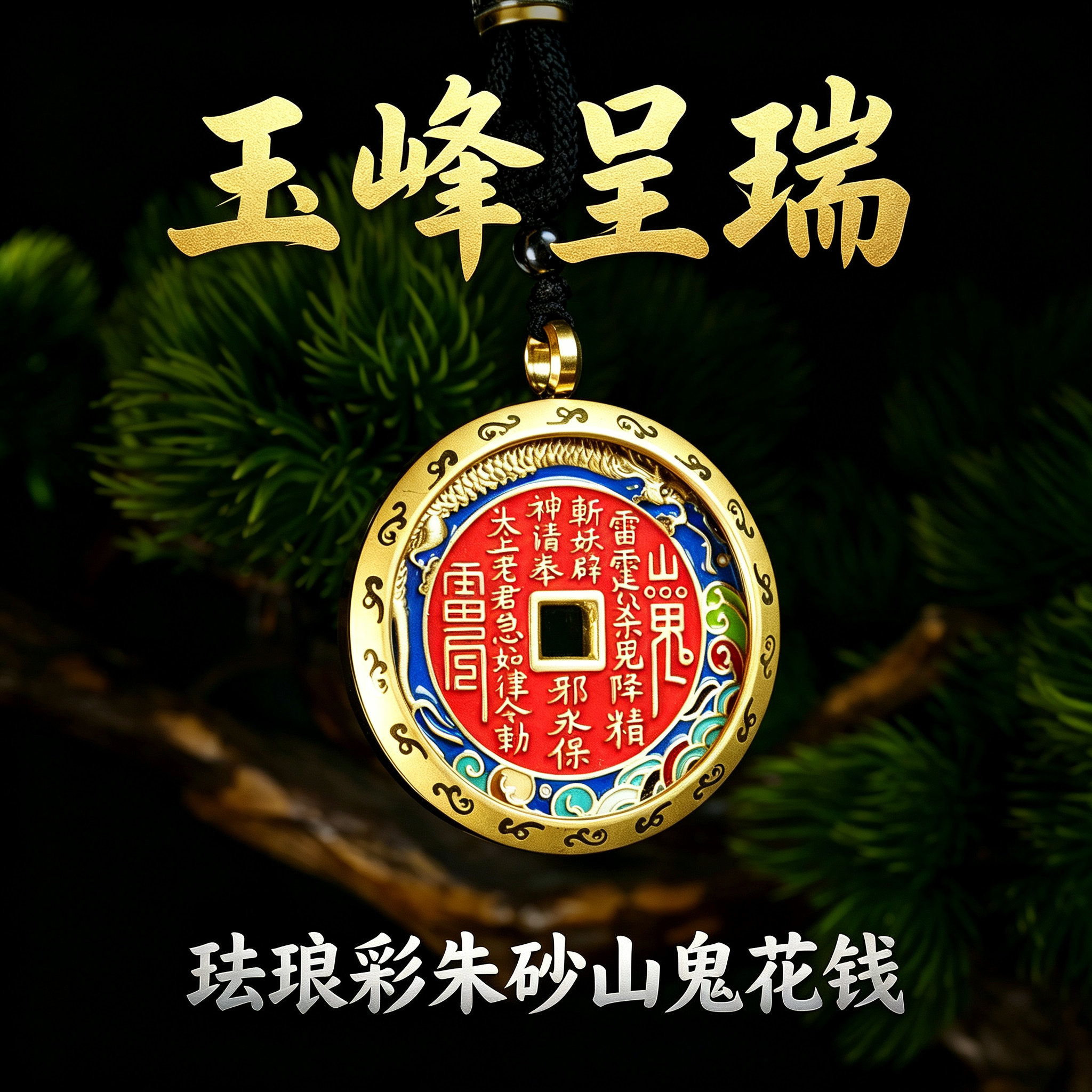 旗舰店【玉峰呈瑞】山鬼花钱吊坠黄铜珐琅彩朱砂真品护身吊坠