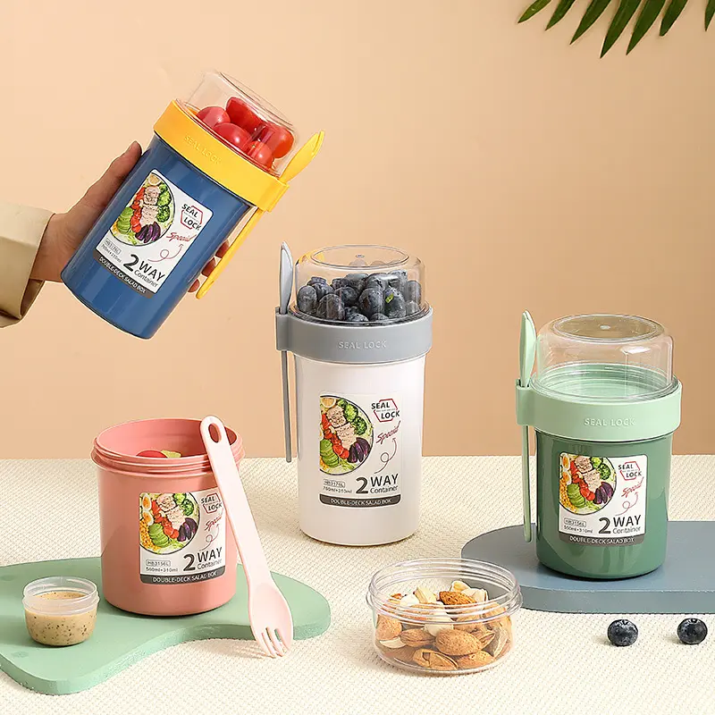 双层水果沙拉杯pp密封塑料杯户外上班族轻食杯带盖勺