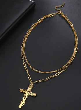 爆款设计感轻奢小众高级树藤十字架吊坠不锈钢钛钢女生项链