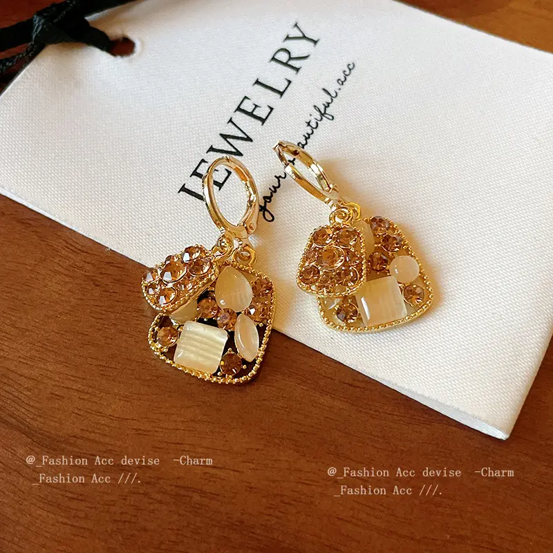 镶钻不规则梯形人造石耳扣时尚新款秋冬耳环通勤精致大气耳饰