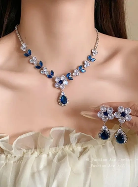 锆石花朵树叶水滴吊坠项链轻奢风时尚锁骨链精致新款礼服项饰