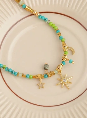 轻奢复古法式叠戴串珠项链小众串珠太阳花锁骨链几何圆形配饰项链