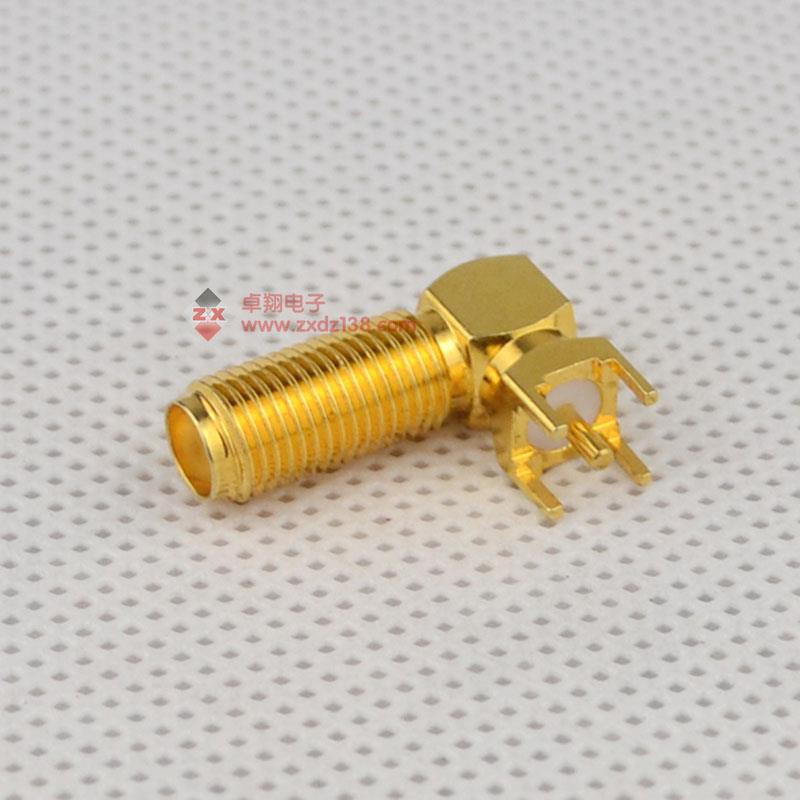 射频同轴连接器 SMA-WKE弯头PCB焊板 SMA母弯头螺牙加长19MM 50欧