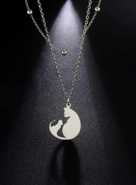 热销韩版甜美不锈钢女款项链可爱大小猫咪吊坠双层链