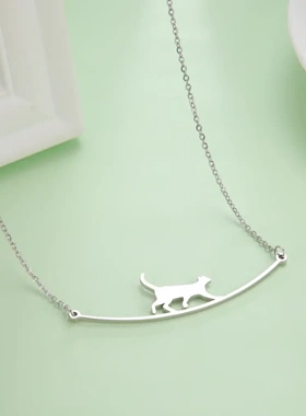 热卖直销爆款小众设计感可爱小猫走路吊坠不锈钢钛钢项链
