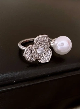 欧美超闪锆石花朵珍珠开口戒指时尚通勤百搭食指戒轻奢手饰女