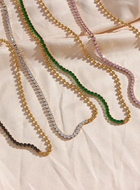 欧美ins时尚流行百搭锁骨链不锈钢镀18k金锆石链条拼接项链