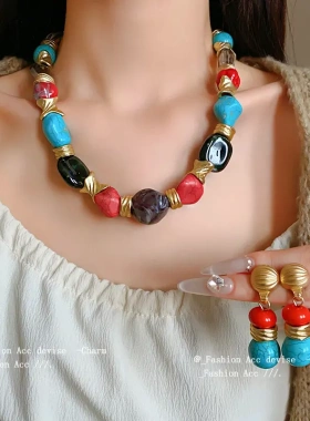 中古项饰复古高级感撞色串珠项链小众宫廷风气质锁骨链女