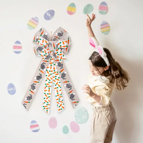 新款复活节装饰品兔子胡萝卜缎带结节日气氛布置门挂装饰