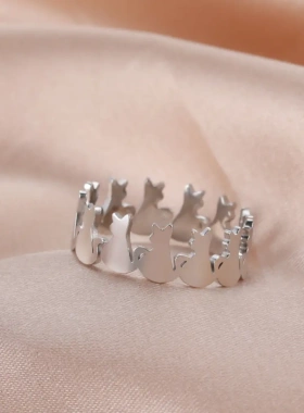热卖直销爆款小众设计感百搭可爱猫咪循环不锈钢钛钢戒指
