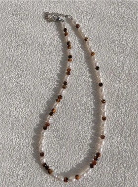 2023新款休闲时尚虎眼石串珠珍珠项链女天然淡水巴珍珠锁骨链