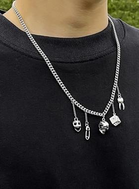 欧美饰品 个性骷髅多元朋克流苏吊坠项饰 别针子几何项链女