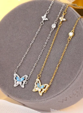 榕树下s925银简约蓝色项链ins轻奢小众设计感ins气质搭锁骨链