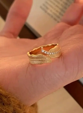 中古拉丝麦穗编织开口戒复古法式叠戴高级感树叶戒指镶钻锆石戒子