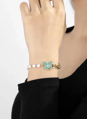 欧美复古设计高级感绿色滴油镶钻珍珠链条拼接钛钢手链