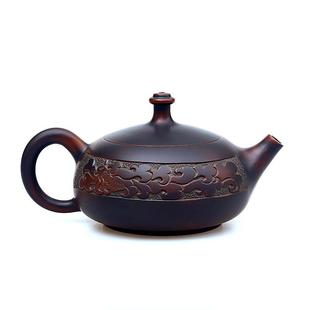 2V06钦州坭兴陶茶壶龙凤平雕名家全手工窑变紫泥茶具家用泡茶壶中