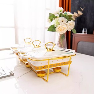 casserole三格长方形陶瓷盘烤盘金属架子加热汤锅干锅bake ware