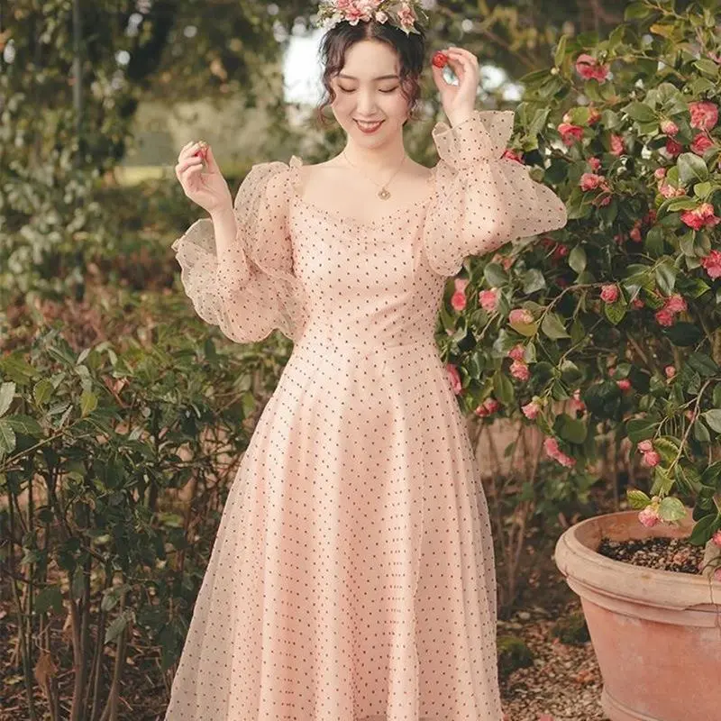 供应 新款泡泡纱波点森系连衣裙复古文艺仙女网网眼布