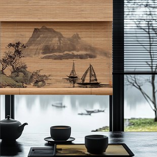 竹帘卷帘窗帘茶室印花挂画帘书房背景装 中式 饰帘阳台遮光遮阳帘子