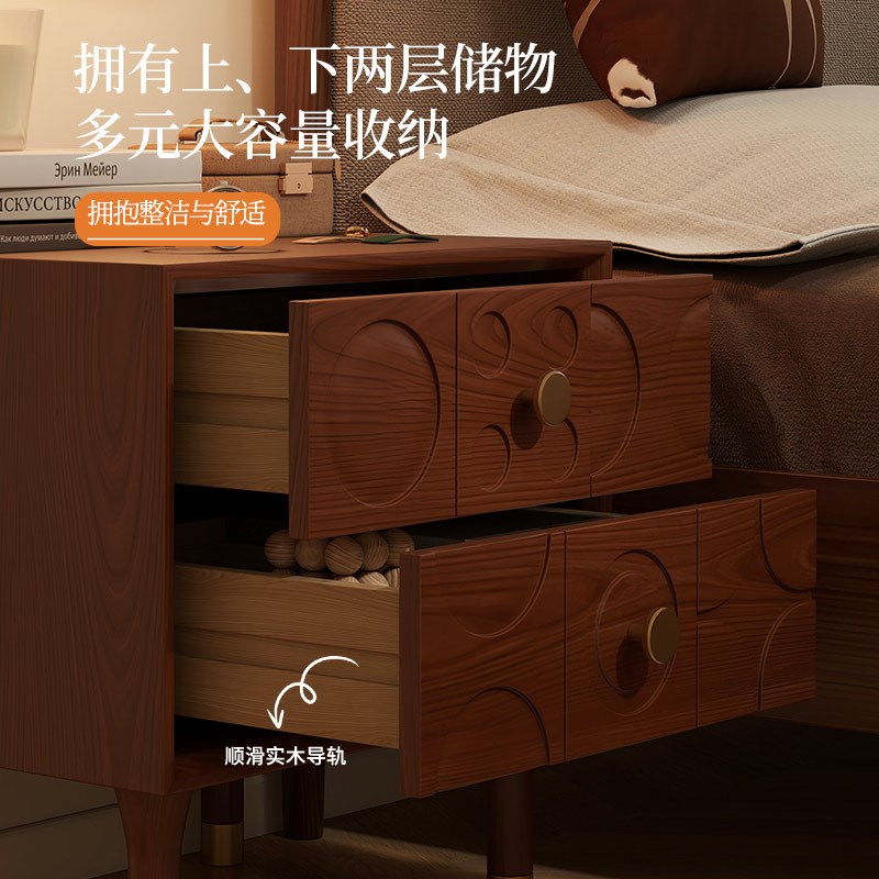 中古风全实木床头柜卧室简约床边柜创意雕花收纳柜复古风床头柜子