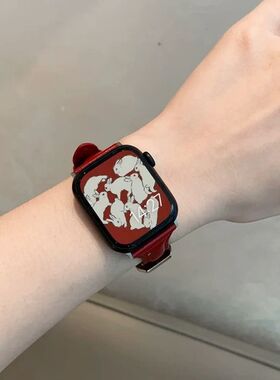 适用苹果ApplewatchS11手表带红色真皮小蛮腰s10/987se/ultra女生