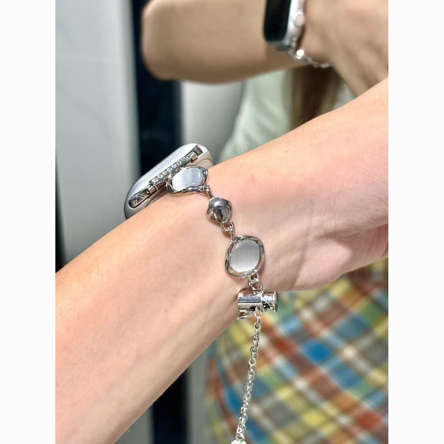 理石银金属链S11表带 适用AppleWatch猫眼水晶 8910/SE3 苹果表带