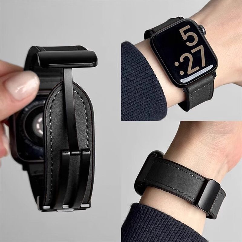 适用苹果S10/9/8/7/6表带appleiwatch5432se皮革磁吸时尚女男腕带
