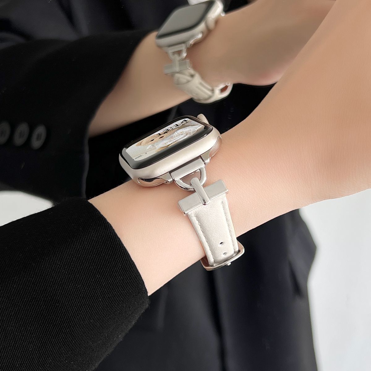适用苹果手表带s11皮质s10秋冬D字扣iwatch表链s9小众applewatch