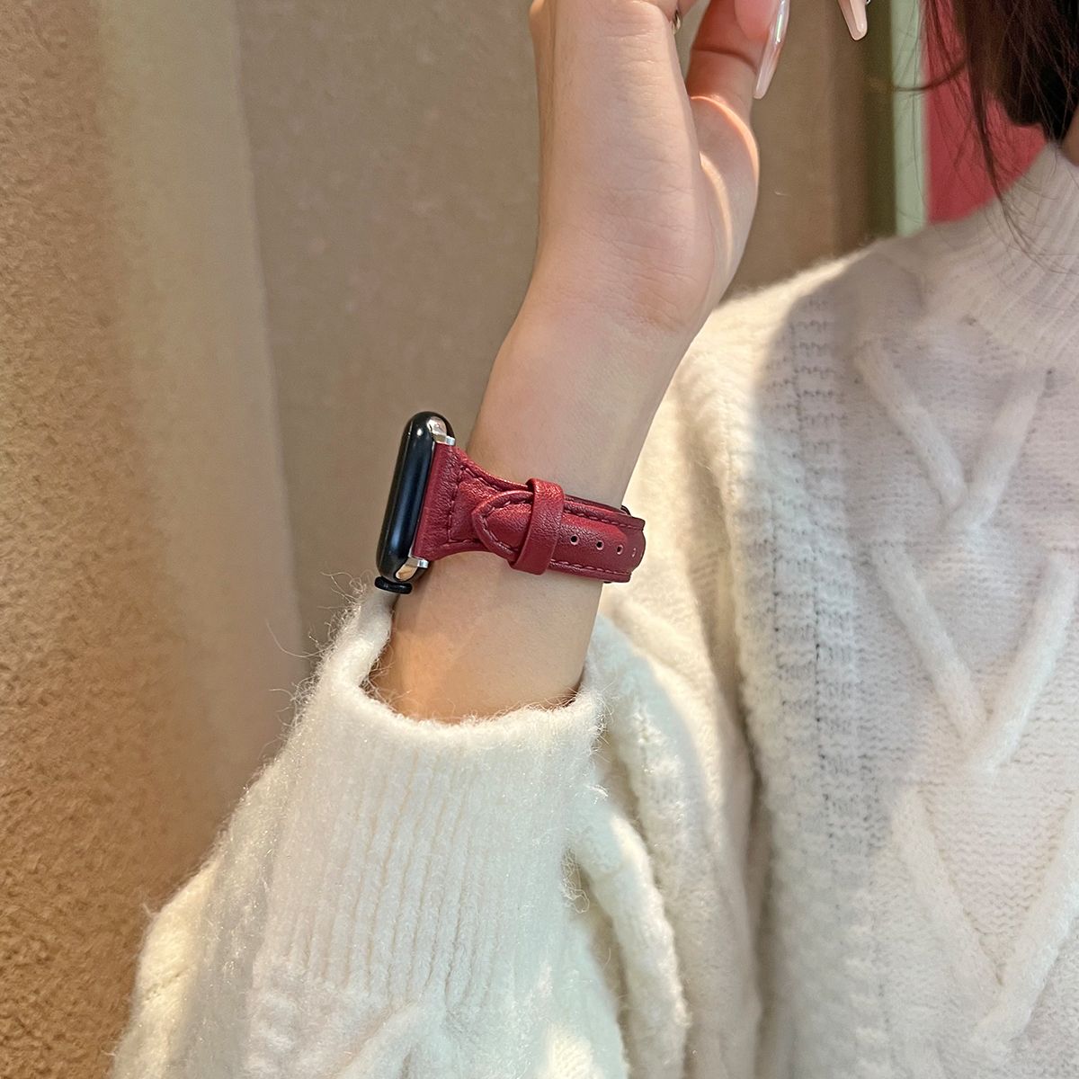 樱桃色高颜值苹果s11表带秋冬适用iwatchs10轻奢真皮质se3女生s98