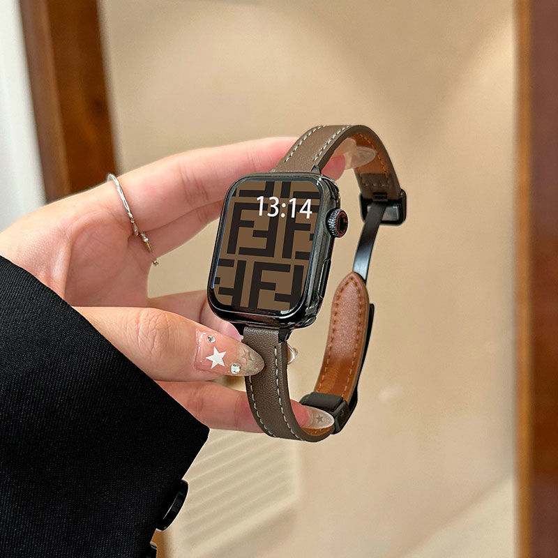 适用Apple苹果iwatchS10S9Ultra8765432手表带细款真皮质磁吸运动