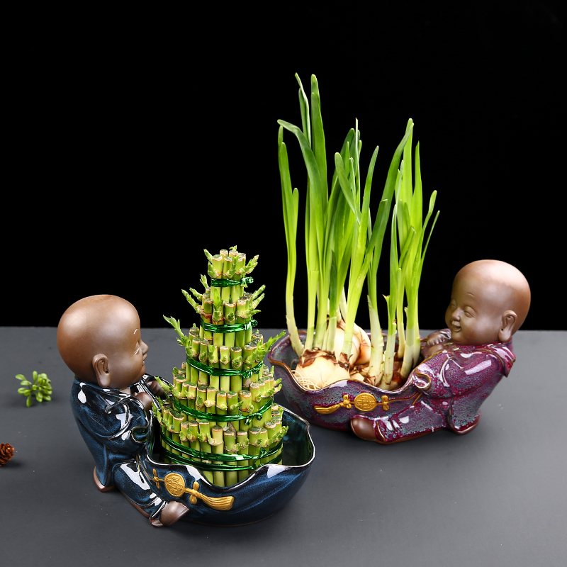 水培植物花器花盆禅意小和尚家居装饰品人物摆件陶瓷室内客厅简约