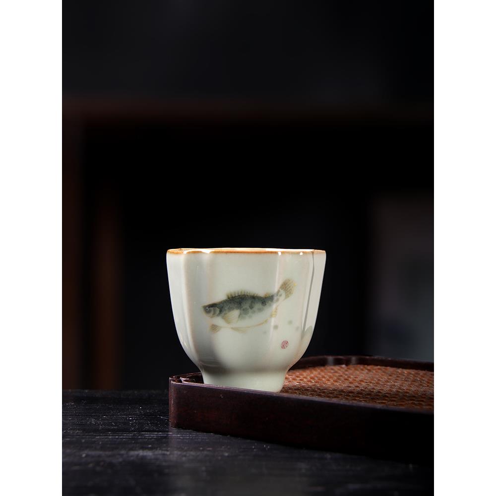 青玉汝窑描金福寿满盘主人杯中式茶盏汝瓷五边杯茶杯复古单品茗杯