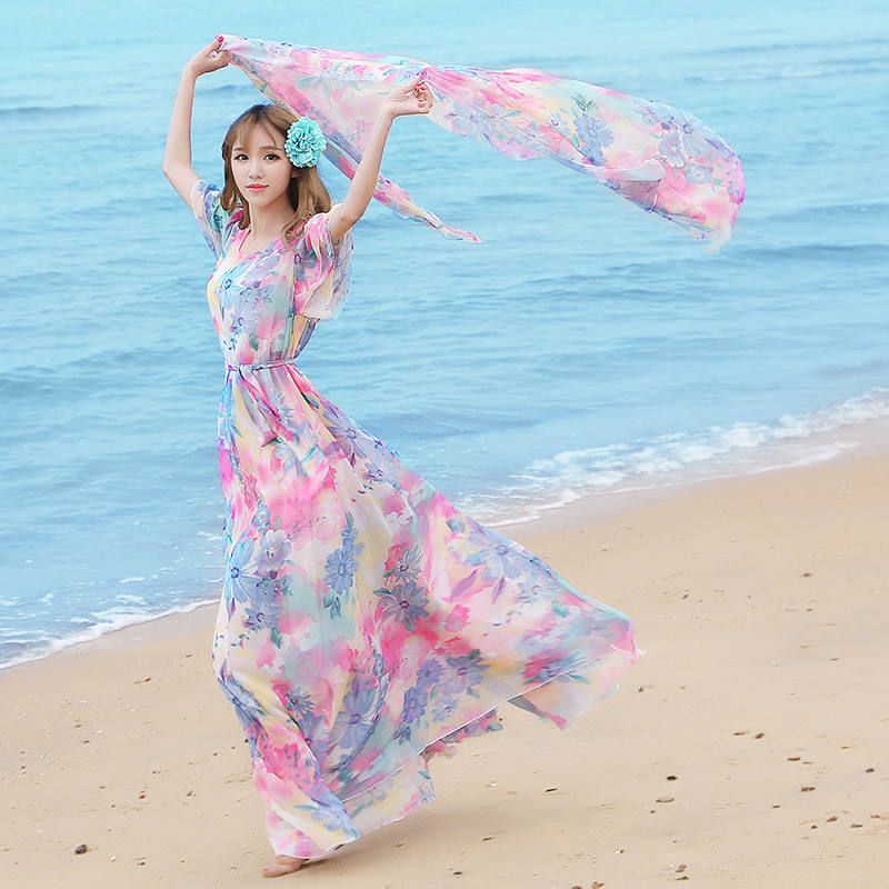连衣裙夏季2021碎花雪纺女春夏长款大摆波西米亚宽松大码长裙仙女