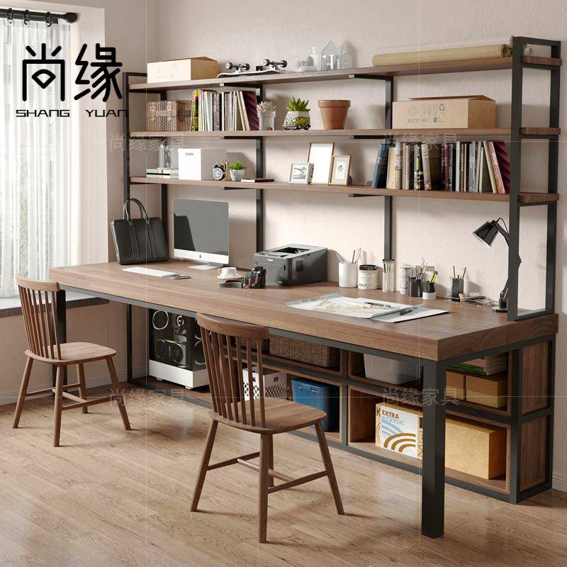 loft双人实木书桌书柜组合家用长桌工作台书房学习电脑桌书架一体