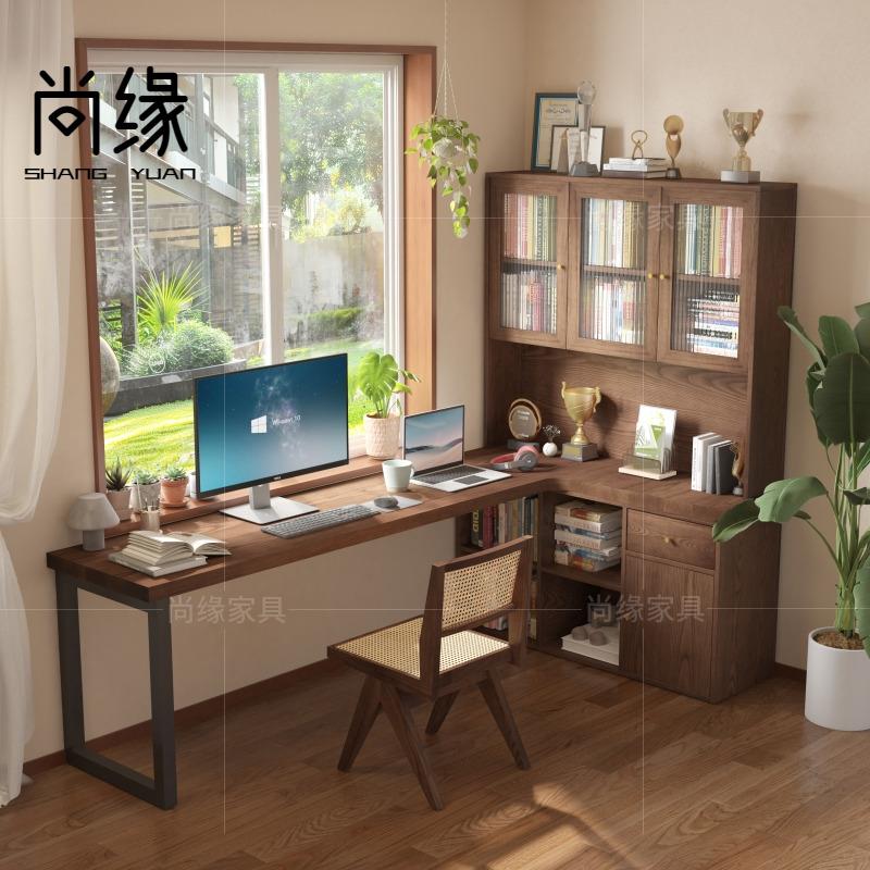 实木转角书桌书柜书架一体 家用拐角双人学习桌靠墙书房l型电脑桌