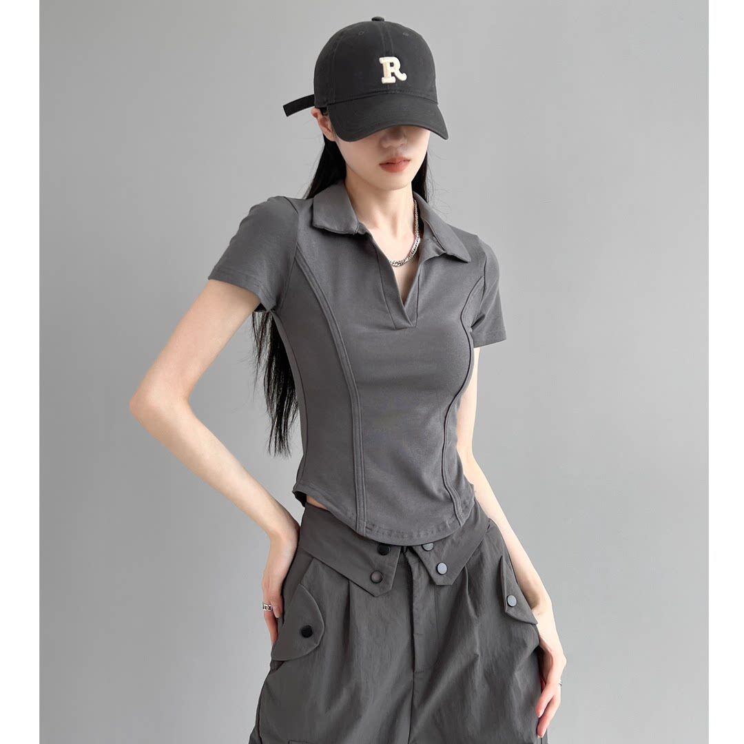 2025夏季新款欧美辣妹风正肩短袖T恤女Polo翻领收腰鱼骨显瘦上衣