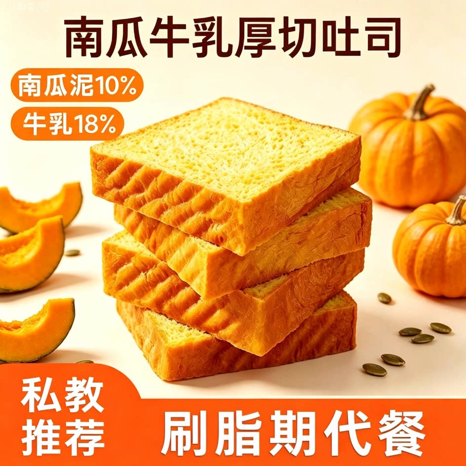 南瓜牛乳厚切吐司面包0反式蛋糕解馋糕点低卡主食低脂食品低糖减脂代餐主食减脂食品减脂期解馋小零食适合减脂期食品去肥胖瘦肚