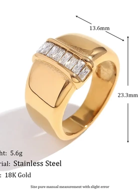 欧美ins时尚新款小众厚款爆款手饰不锈钢镀18k金简约单排钻戒指女