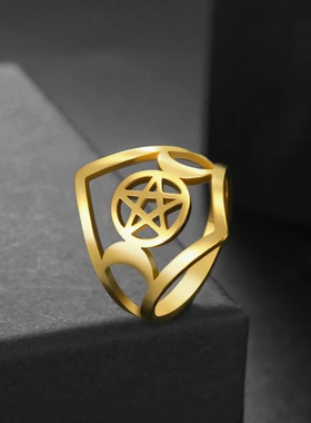 热卖欧美流行个性小众设计不锈钢双侧伴月五芒星戒指饰品