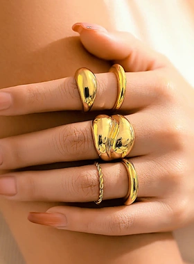 欧美饰品潮流设计感几何光面水滴戒指夸张开口指环关节戒套装