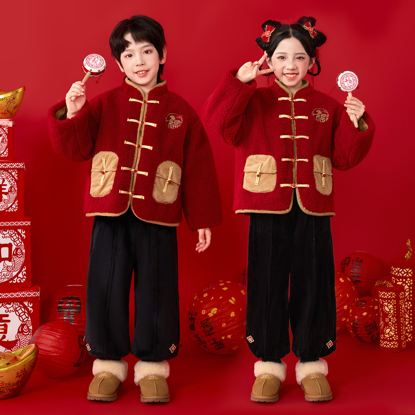 元旦拜年服女童汉服冬季加厚过年棉服男宝宝周岁国风唐装演出礼服