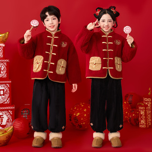 元旦拜年服女童汉服冬季加厚过年棉服男宝宝周岁国风唐装演出礼服