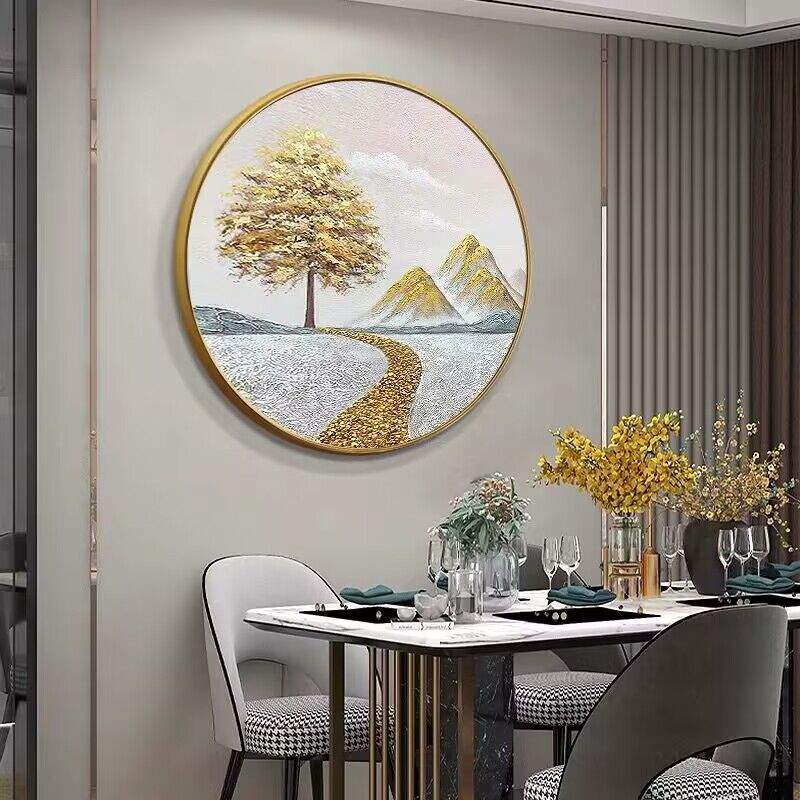 手绘油画背靠金山圆形餐厅装饰画发财树福鹿进财客厅入户玄关壁画图片