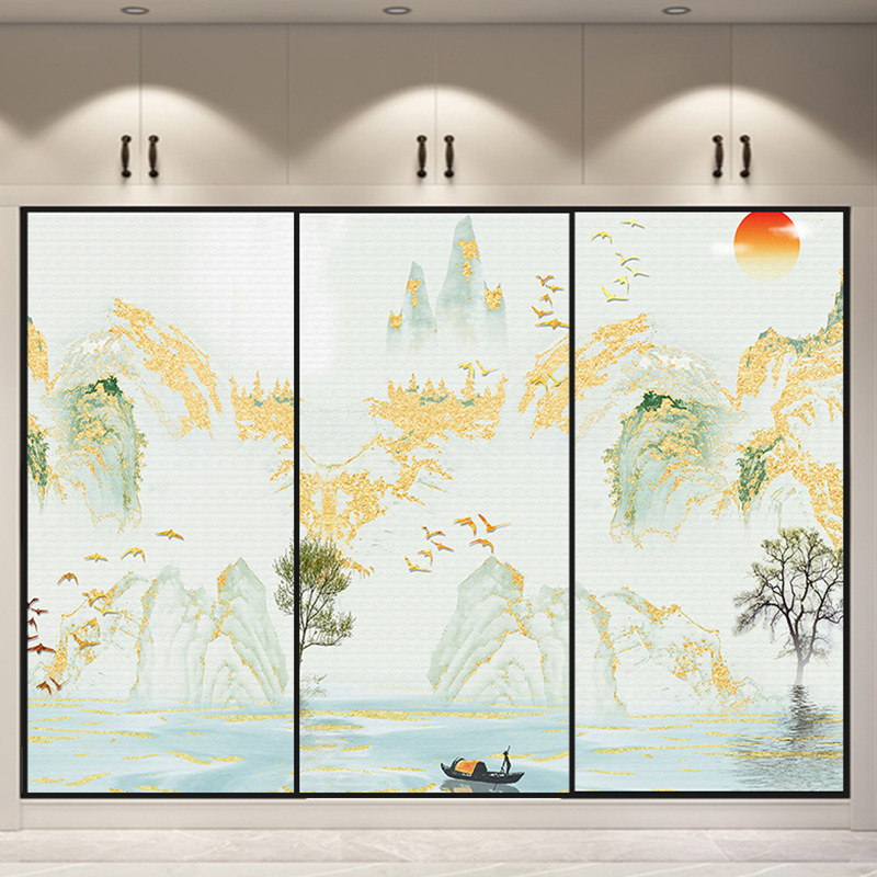 衣柜玻璃贴纸中式山水画装饰贴膜防水防潮翻新改造玻璃贴不透明