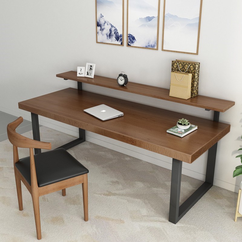 实木双层书桌简约家用台式电脑桌单双人写字台学习桌卧室两层办公