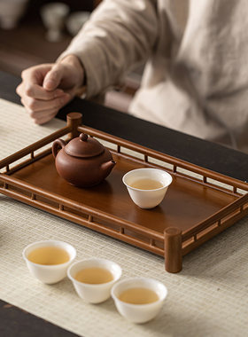 竹制品茶配件收纳盘手工奉茶盘干泡台家用长方形竹托盘竹编围栏