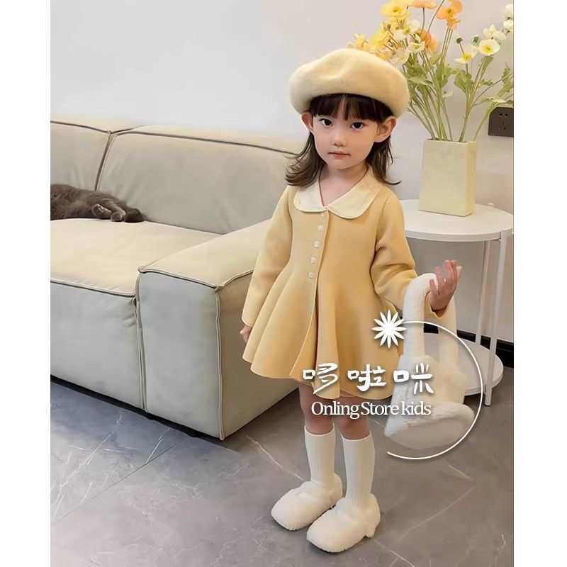 2025新款韩版女童秋冬新款甜美奶黄色针织连衣裙中大童娃娃领毛衣