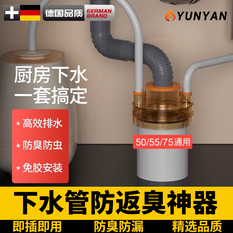德国厨房下水三通接头下水道防臭密封塞洗衣机排水管洗脸盆下