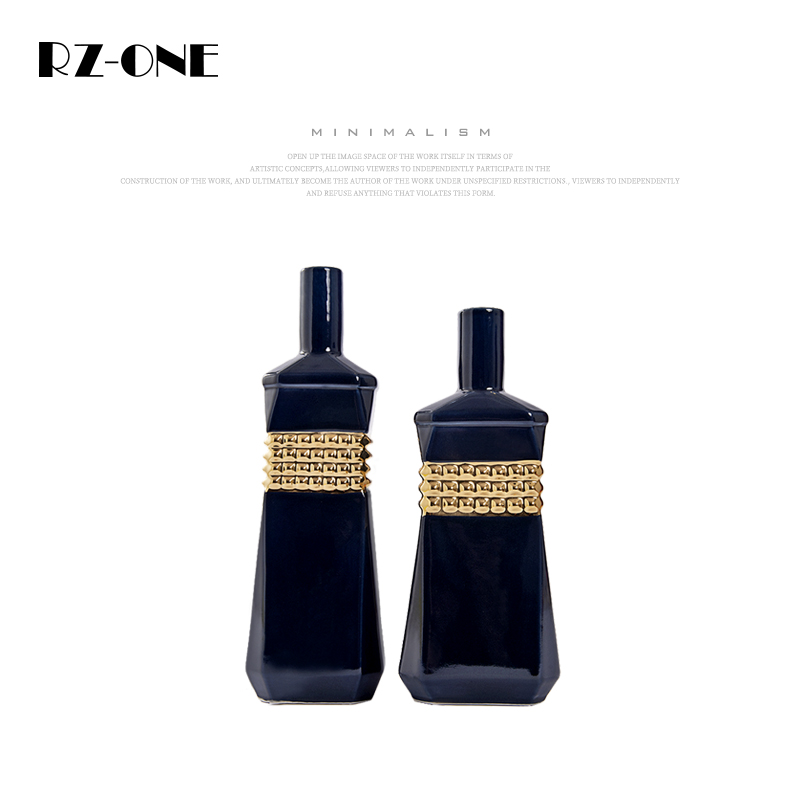 rzone 创意几何蓝色陶瓷花瓶摆件轻奢样板房客厅玄关瓷器软装饰品