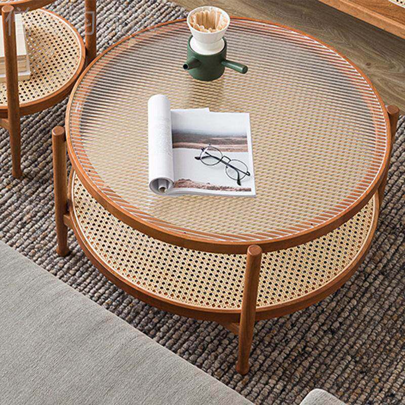 日式WHF圆茶几合组大小户型客厅北欧极简简约玻璃实木轻奢圆桌